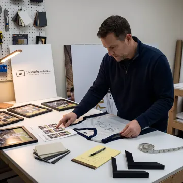 Designer preparing custom sports memorabilia display
