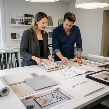 Hotel art consultants reviewing curated artwork samples