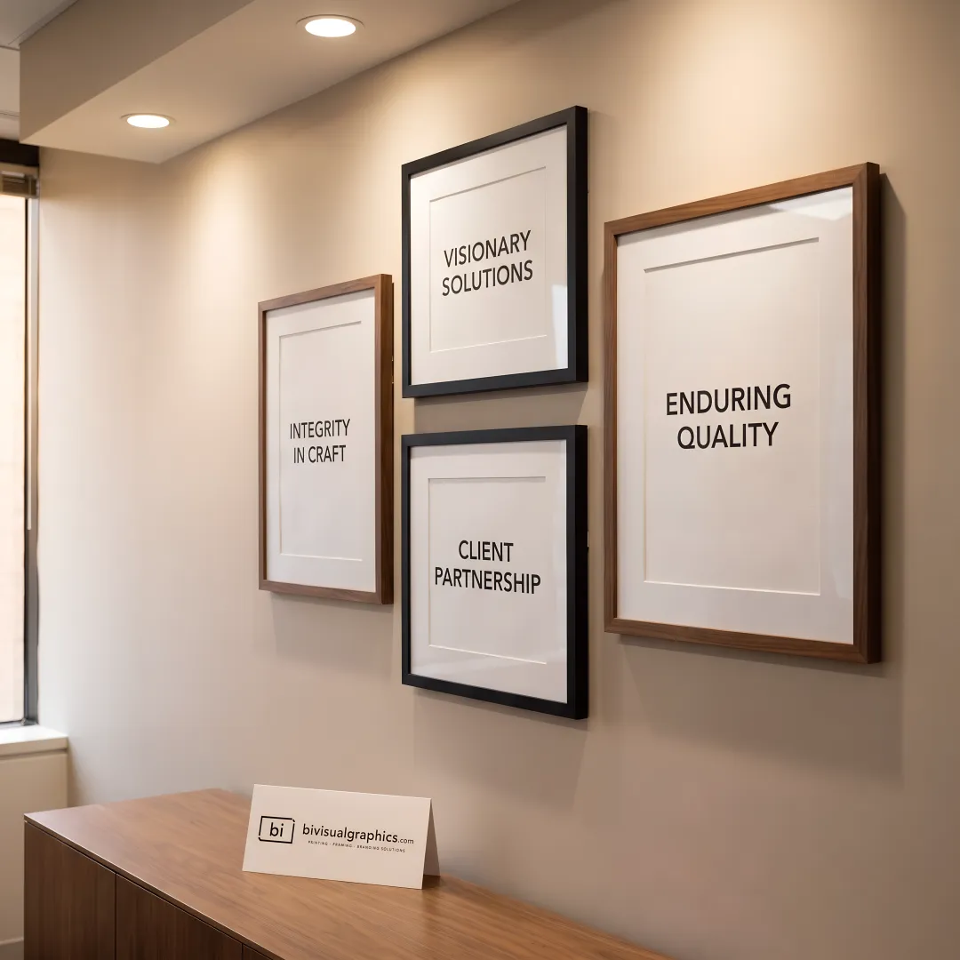 Custom framed word art displayed in a modern office