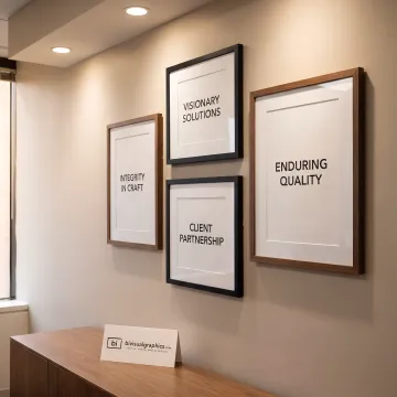 Custom framed word art displayed in a modern office