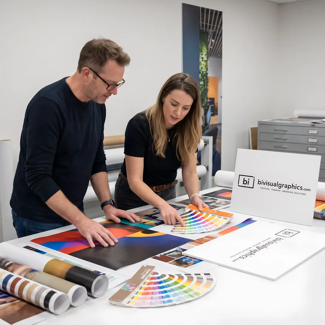 Designers reviewing large-format branding graphics