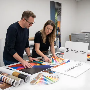 Designers reviewing large-format branding graphics