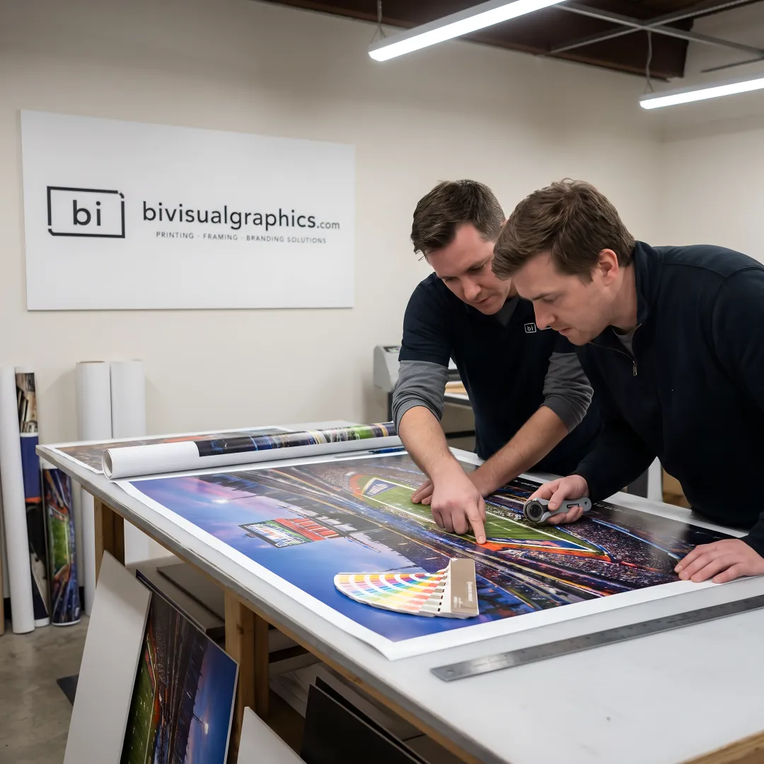 Production team preparing oversized custom posters