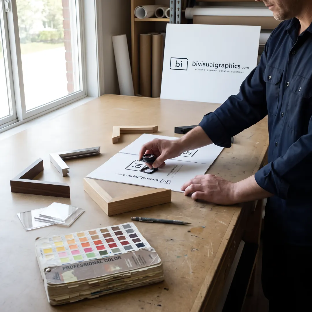 Designer reviewing framed word art layouts