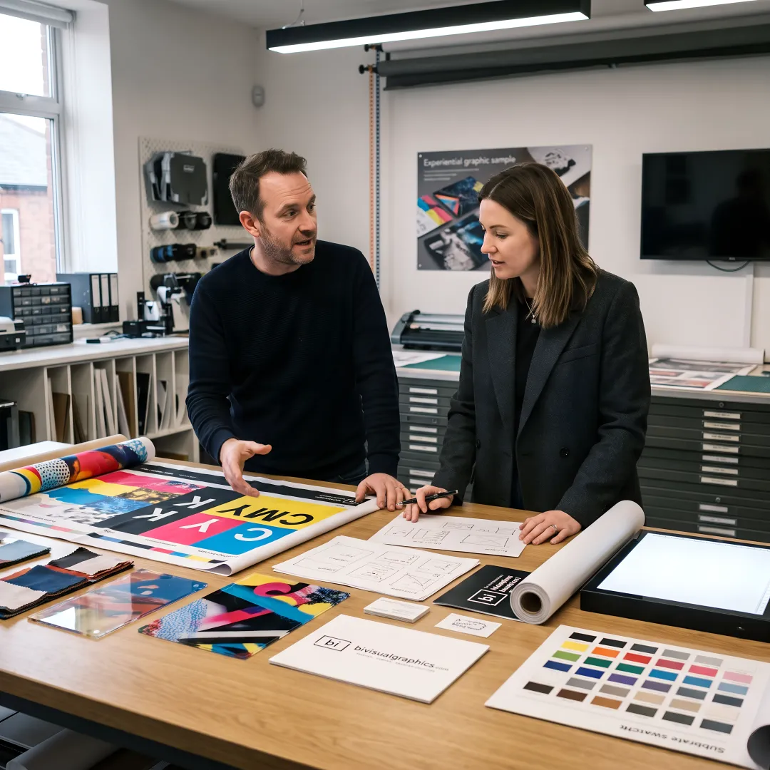 Design team reviewing event graphics and display plans