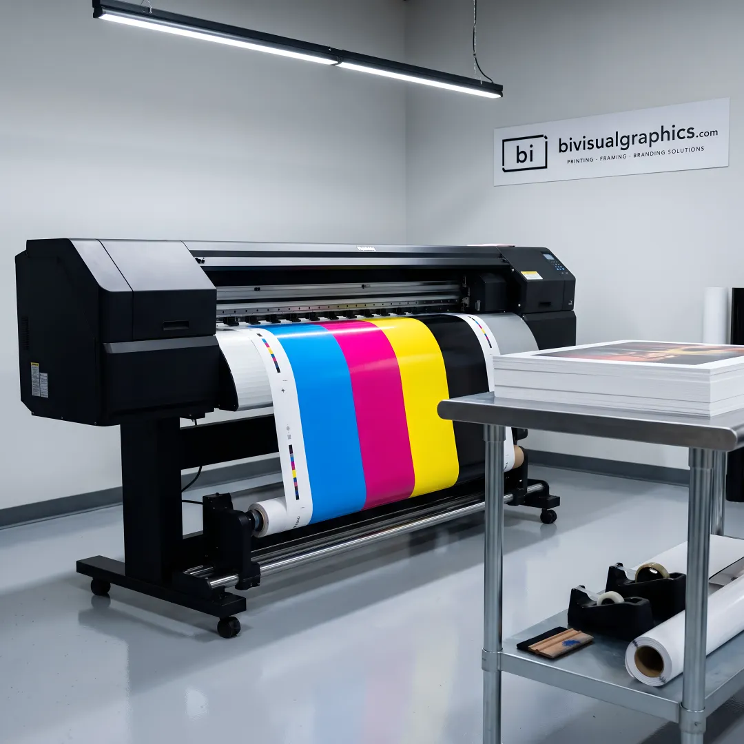 Custom posters being printed on large format equipment