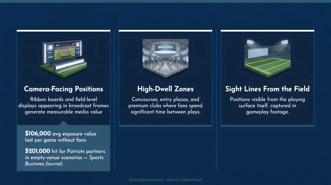 NFL stadium sponsor signage placement value breakdown by camera position dwell zone and sightline