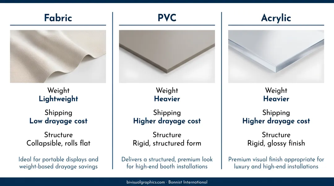 Event display materials comparison chart with use cases and key characteristics