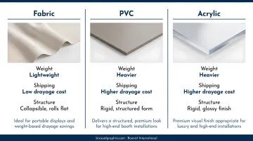 Event display materials comparison chart with use cases and key characteristics