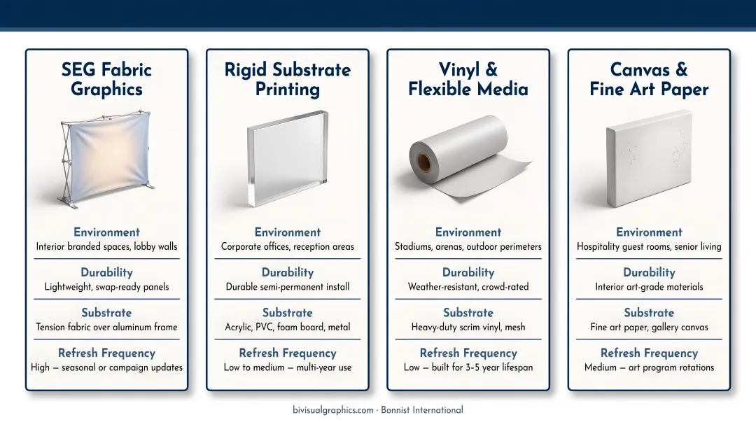 Six commercial wall graphics format types comparison chart for 2026
