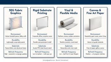 Six commercial wall graphics format types comparison chart for 2026