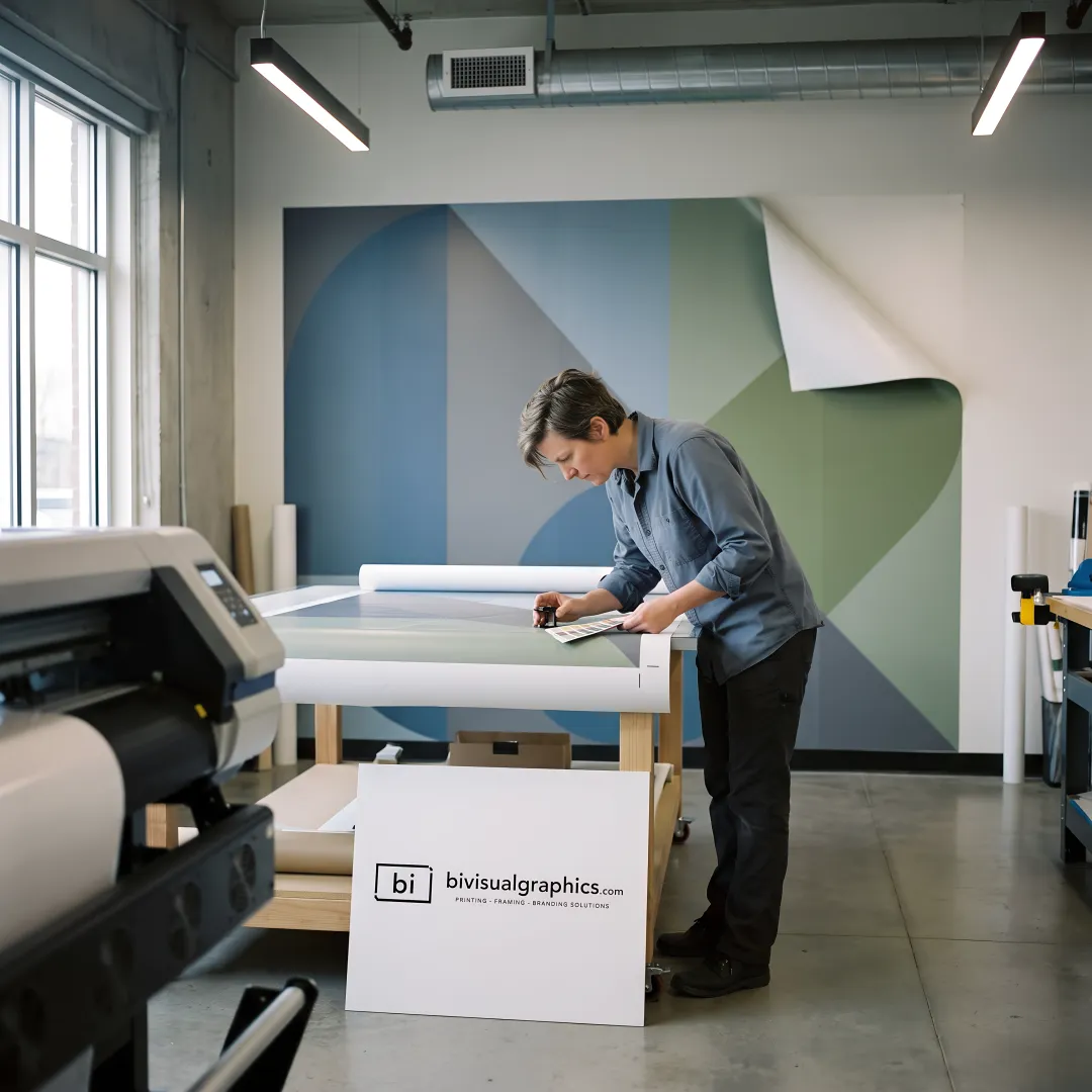 Designer reviewing vinyl wall mural installation plans