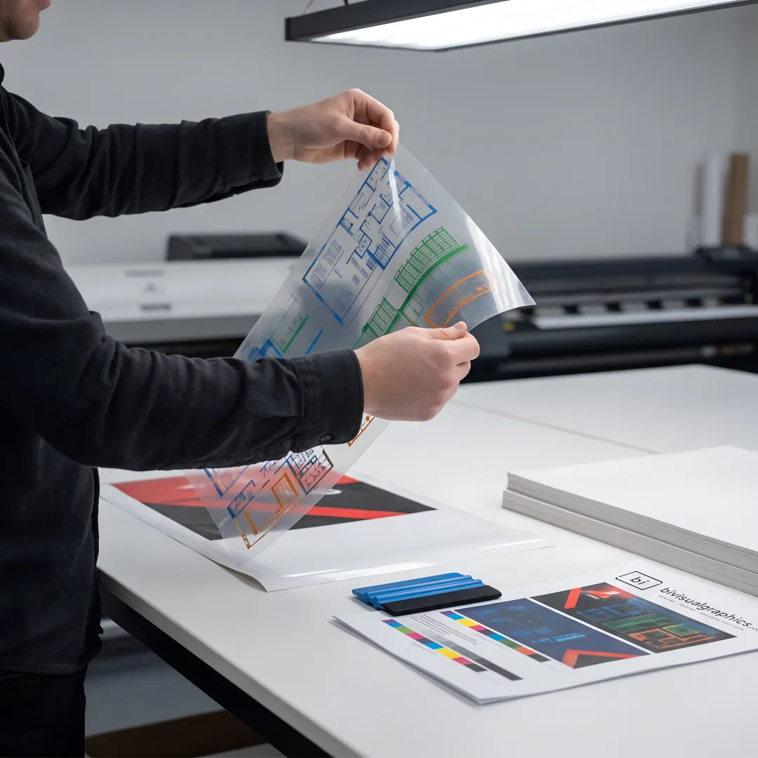 Custom clear window clings being prepared