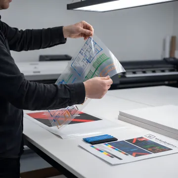 Custom clear window clings being prepared