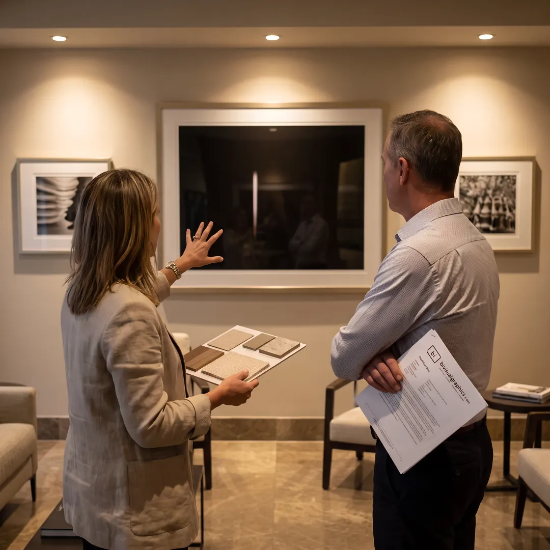 Custom framed artwork in a hotel lobby