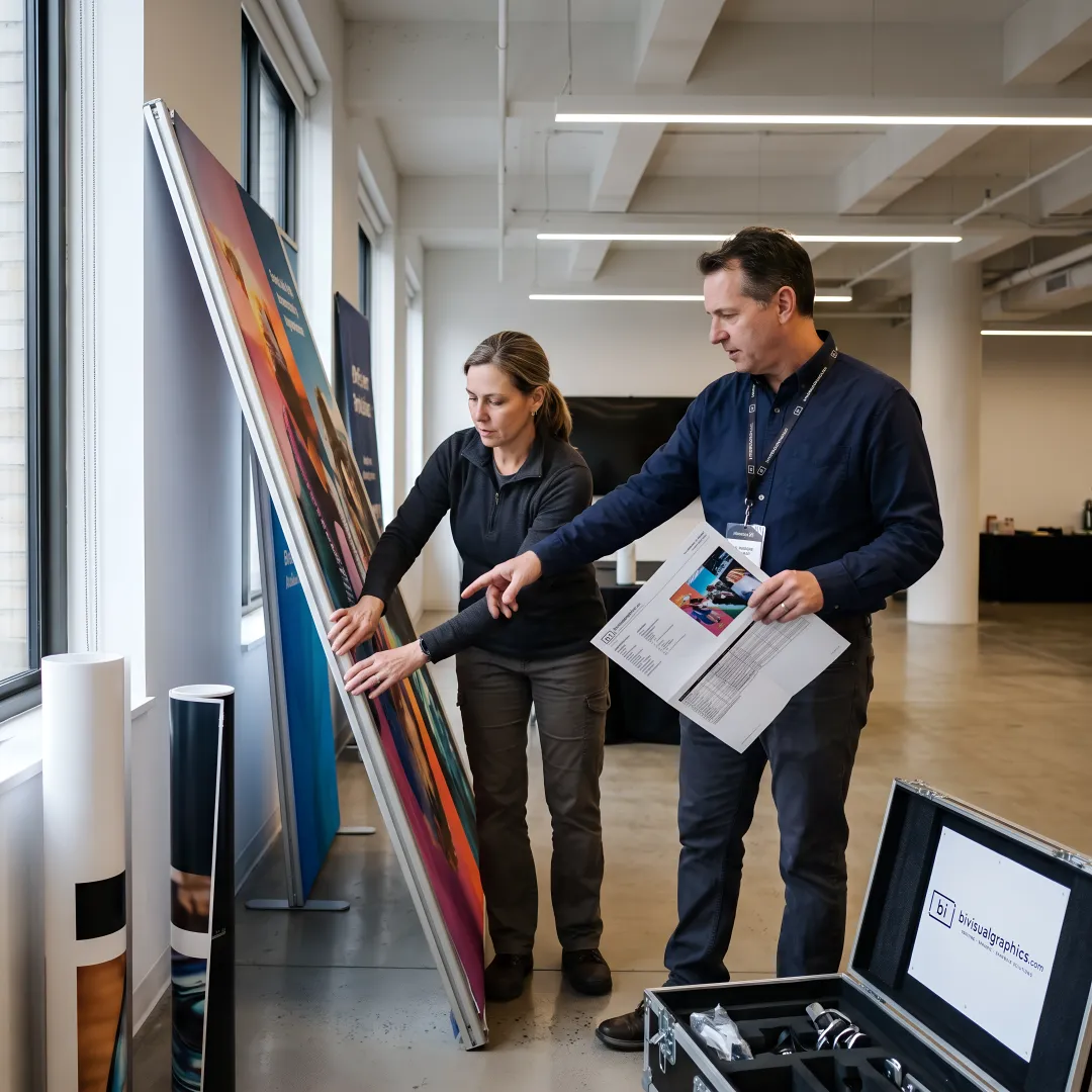 Event production team reviewing branded displays