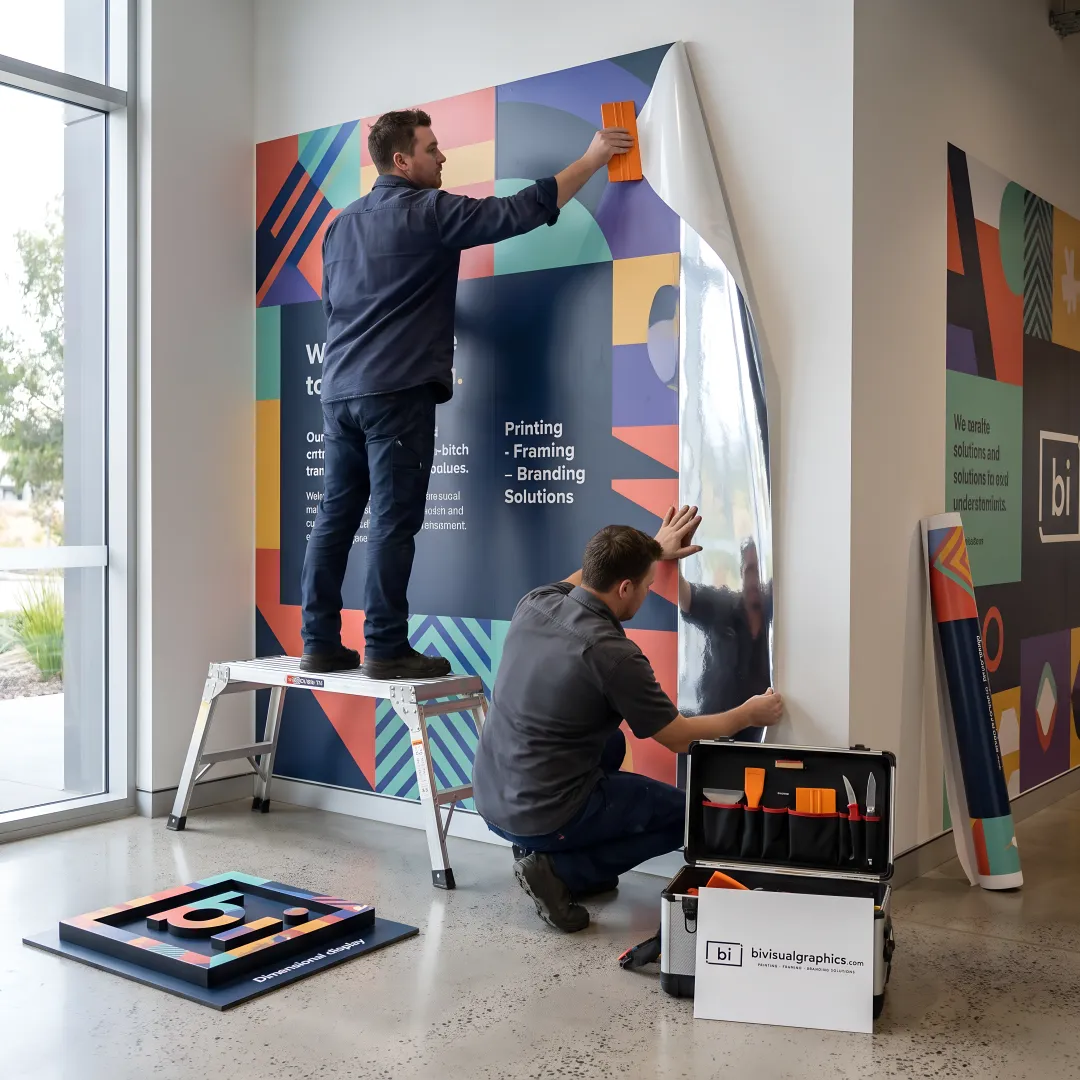 Fabricators installing branded environmental graphics