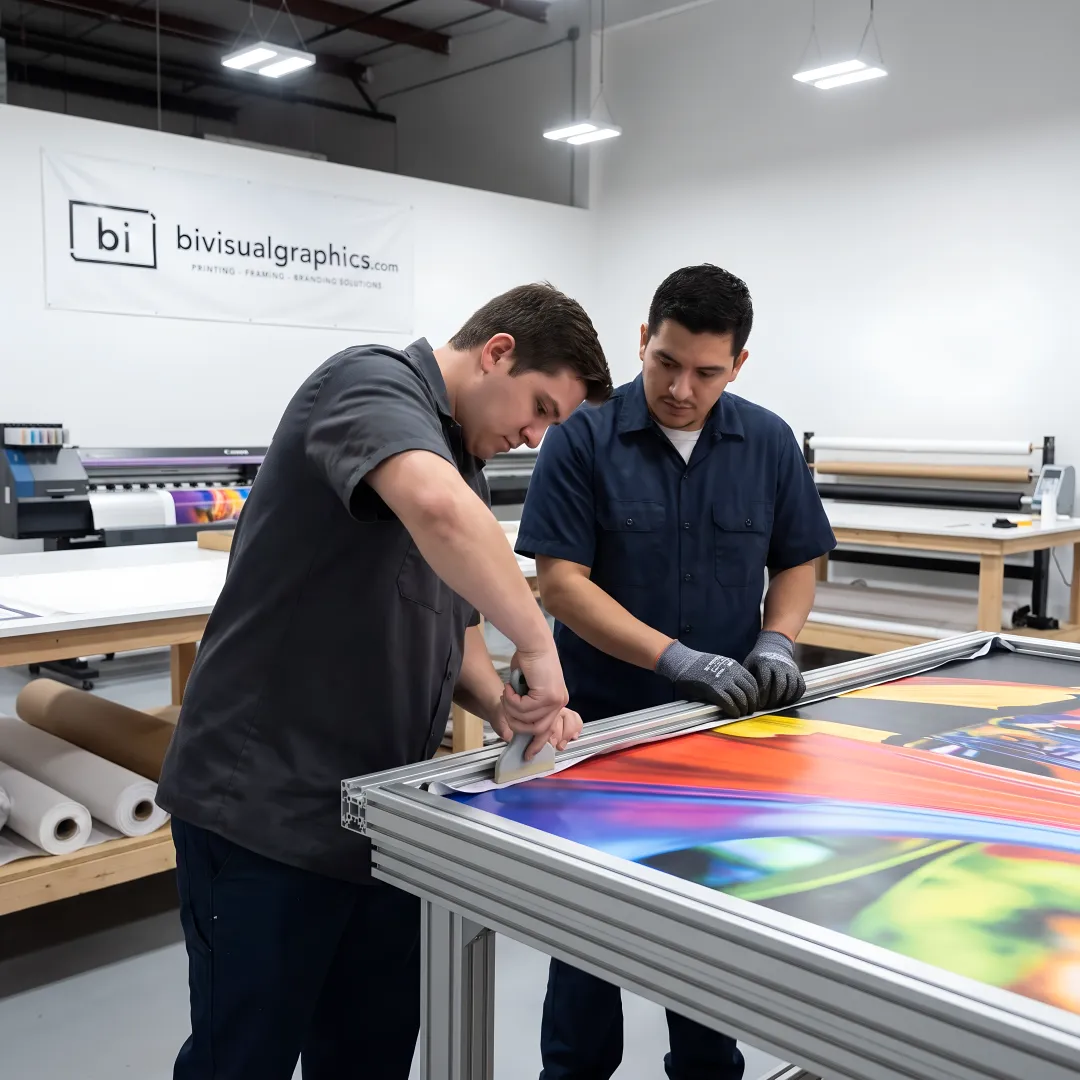 Team preparing a custom tension fabric display