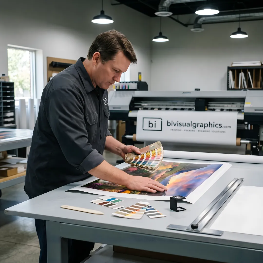 Technician reviewing large format photo prints in a production studio