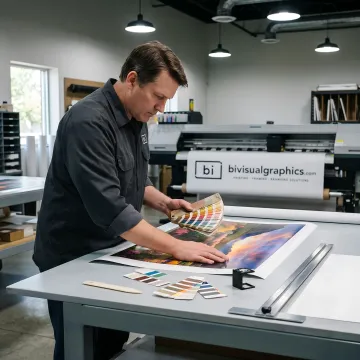 Technician reviewing large format photo prints in a production studio