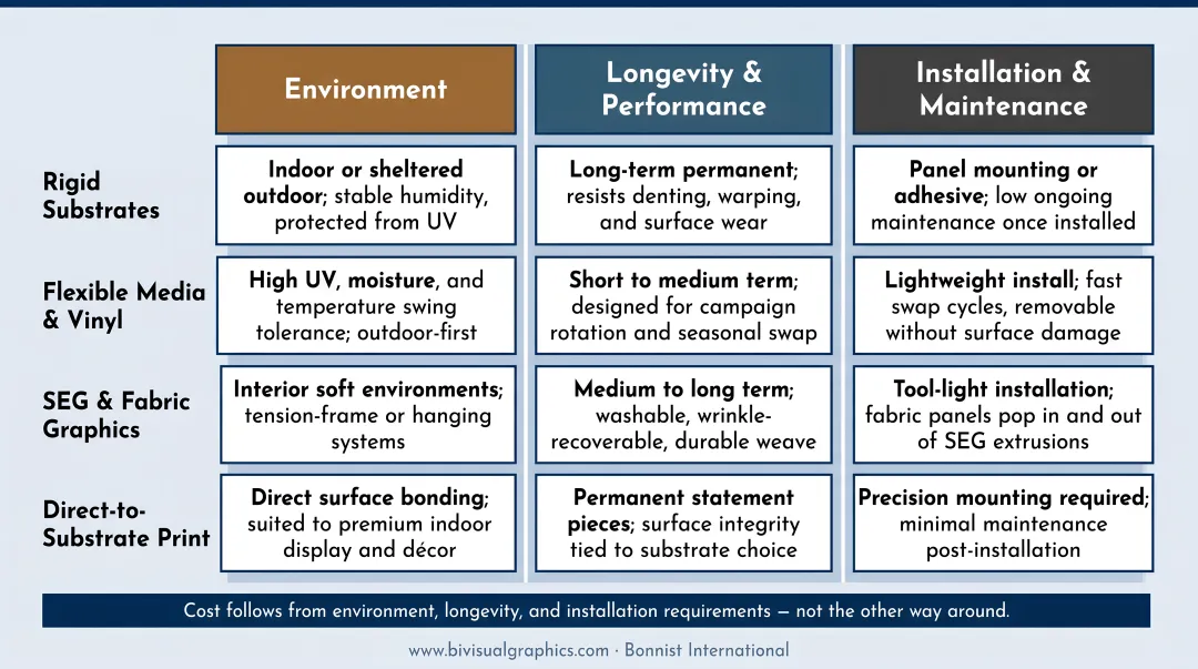 Experiential exhibition materials comparison chart by use case and application environment