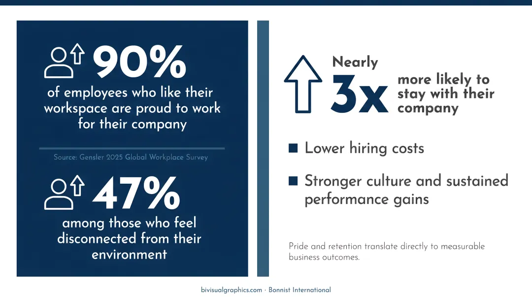 Employee workspace satisfaction statistics showing pride and retention rate comparison