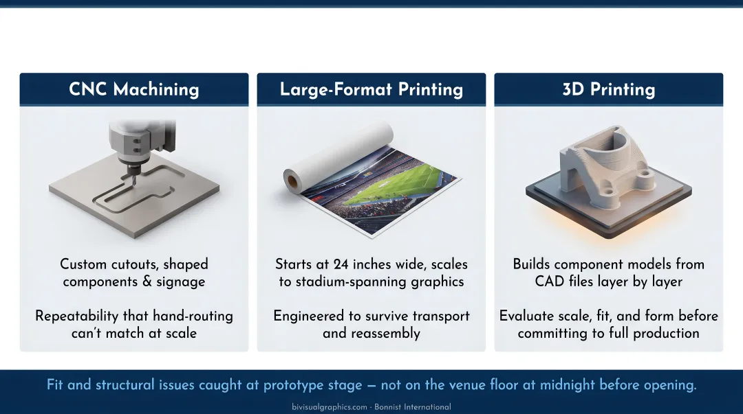 Three digital fabrication tools CNC machining large-format printing and 3D printing process overview
