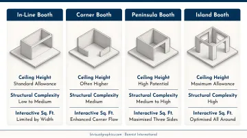 Four event display configurations comparing aisle exposure and visibility profiles