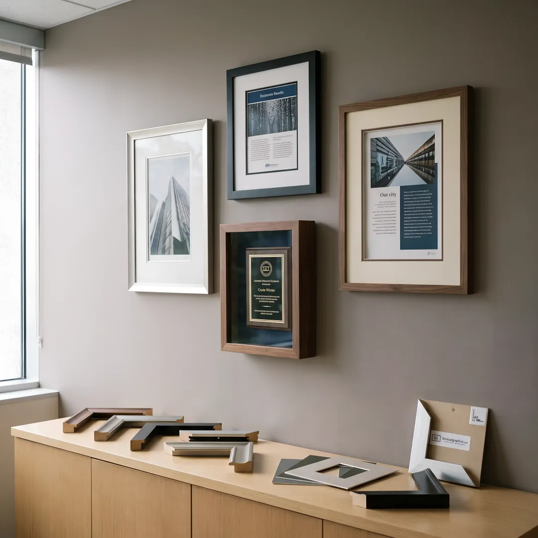 Framed corporate artwork and awards on an office wall