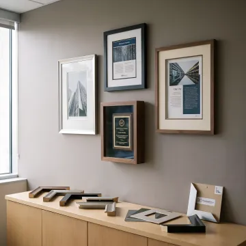 Framed corporate artwork and awards on an office wall