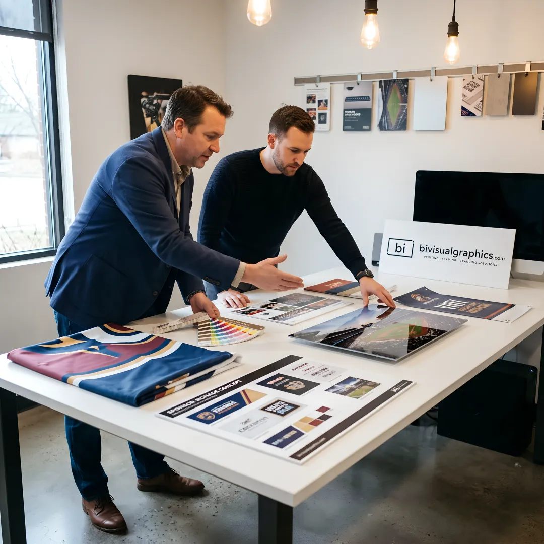 Designers reviewing sports venue branding plans