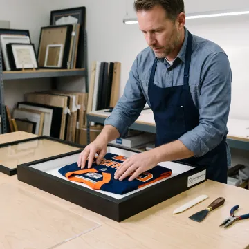 Craftsperson preparing a jersey display frame
