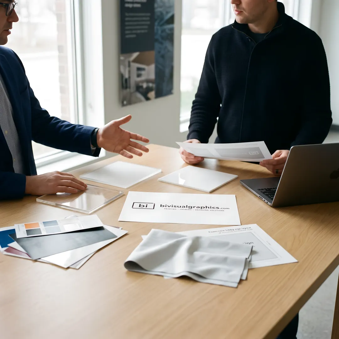 Designer reviewing lobby sign materials