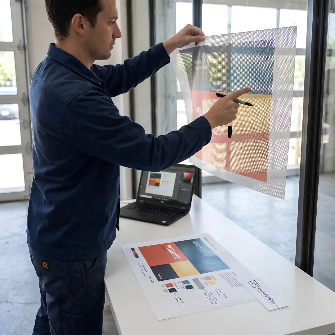 Designer reviewing perforated vinyl window graphics proofs