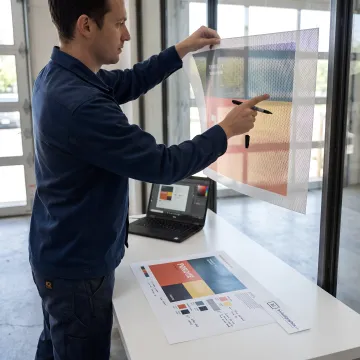 Designer reviewing perforated vinyl window graphics proofs