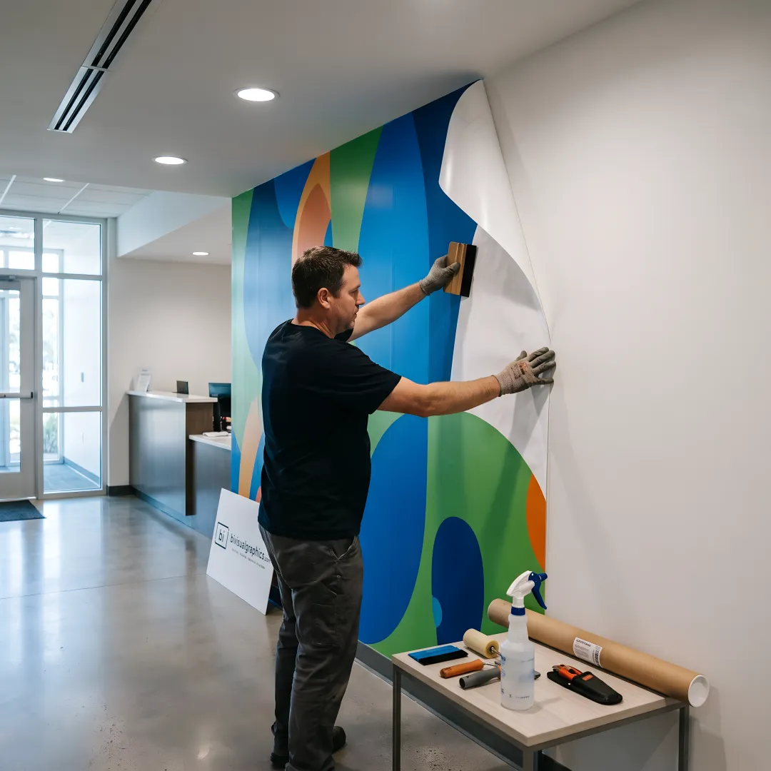 Custom wall graphic installation in branded office