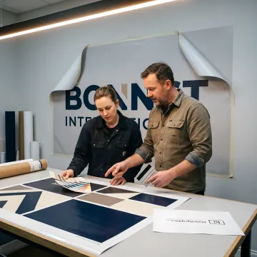 Team preparing custom wall decals for installation