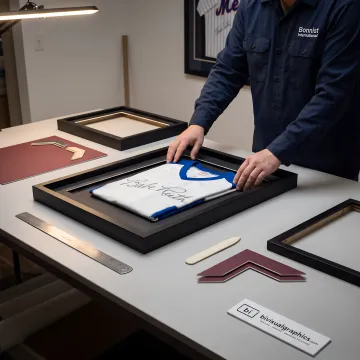Designer arranging a sports jersey for custom framing