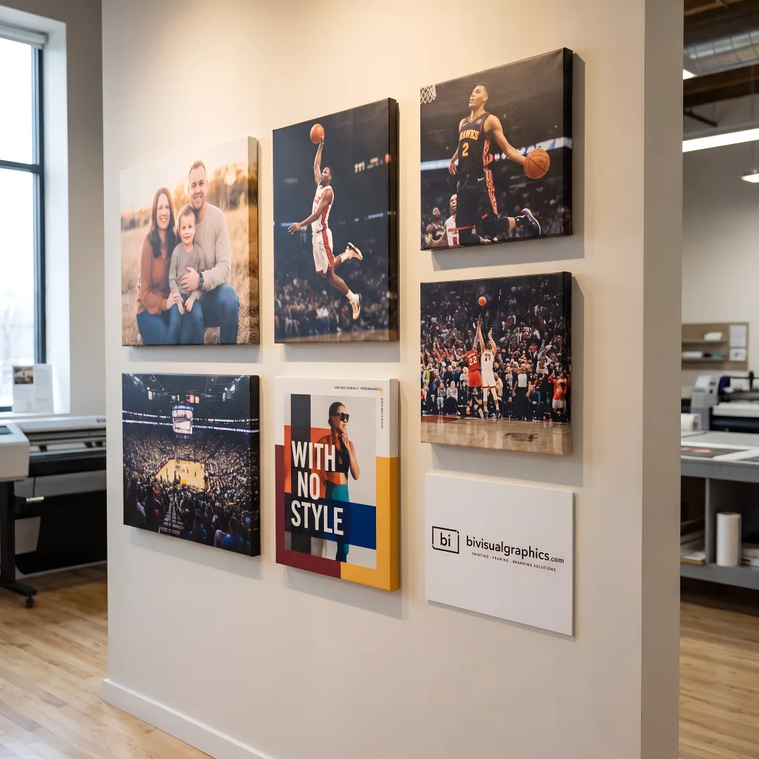 Custom photo canvas prints on a gallery wall