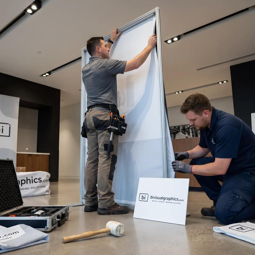 Team installing branded event graphics
