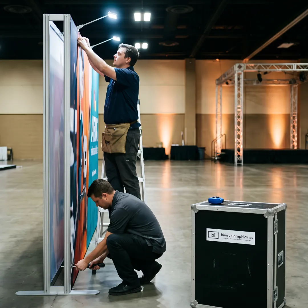 Design team installing branded event graphics