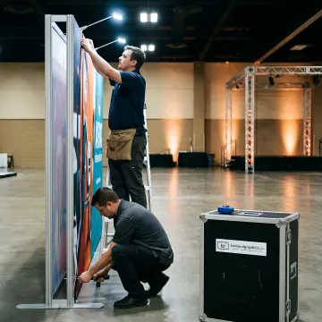 Design team installing branded event graphics