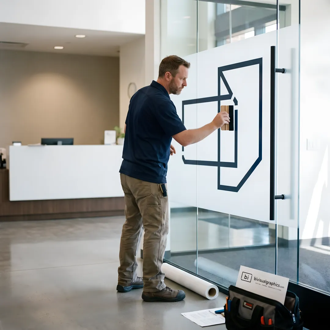 Installer applying vinyl window decals
