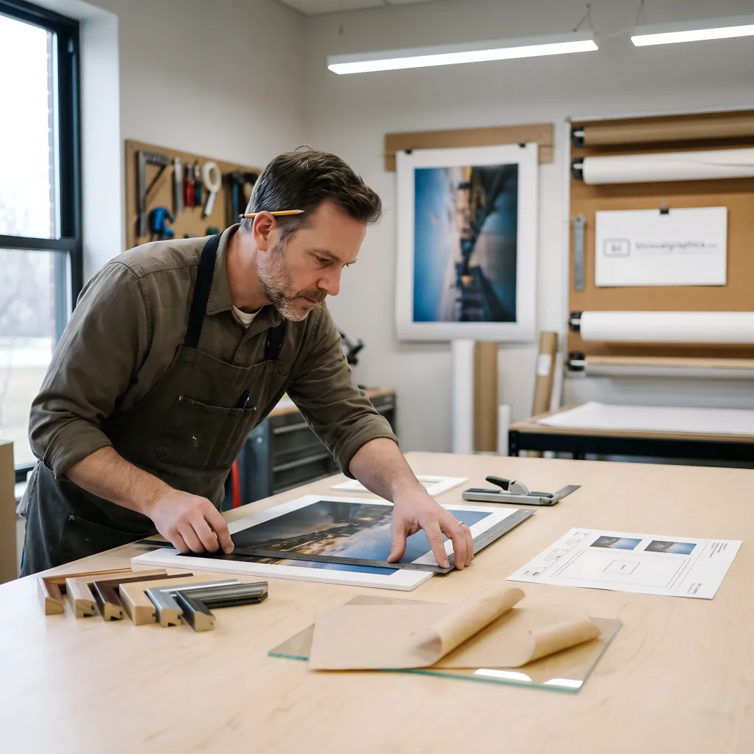 Framing specialist measuring artwork
