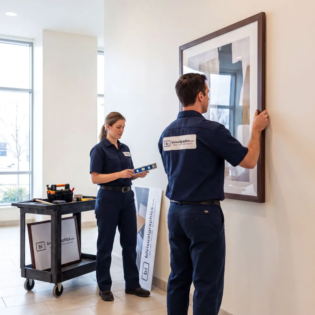 Team installing branded artwork in a commercial lobby