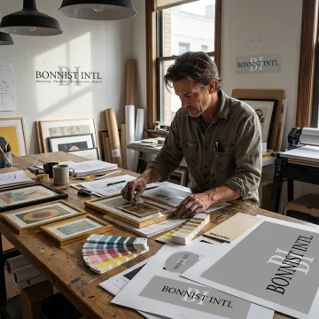 Designer reviewing curated artwork selections