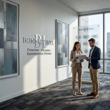 Corporate lobby with custom art and branded wall graphics