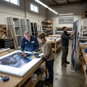 Team reviewing illuminated display graphics