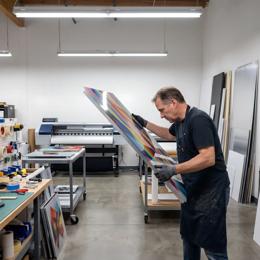 Technician reviewing acrylic wall art prints during production