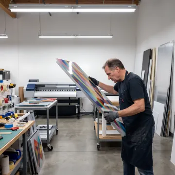 Technician reviewing acrylic wall art prints during production